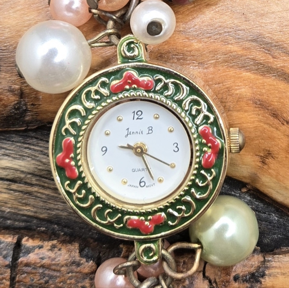 Jennie B Watch Holiday Theme w/ Faux Pearl & Cloisonne Bells Japan Movt 🎄